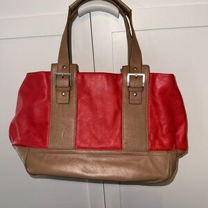 Audrey Brooke Strawberry Red and Tan Leather Tote Bag